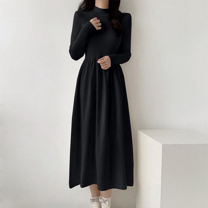 아이엠몽 여성 반목폴라 단색 니트 스웨터 롱원피스