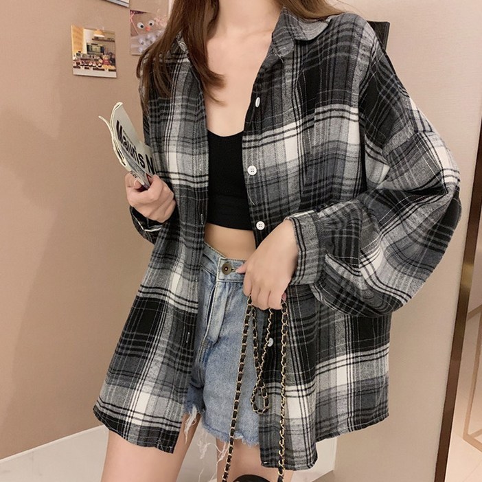 노이디제이 체크무늬 벌룬소매 오버핏 남방 DJ1047