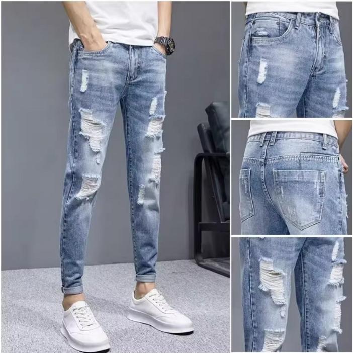 쌍천 남성 캐주얼 슬림핏 찢어진 청바지   A25093014