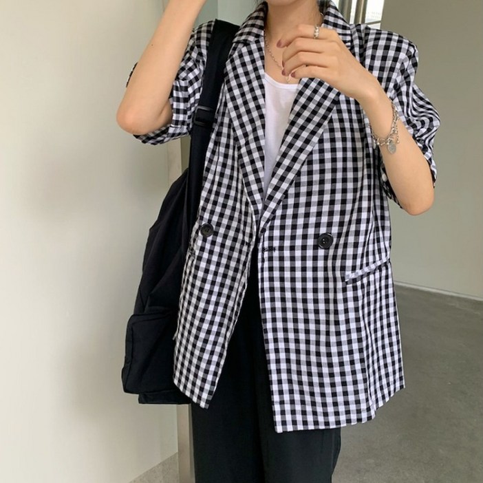 여성 체크 반팔 자켓 여름 캐주얼 아우터 데일리룩
