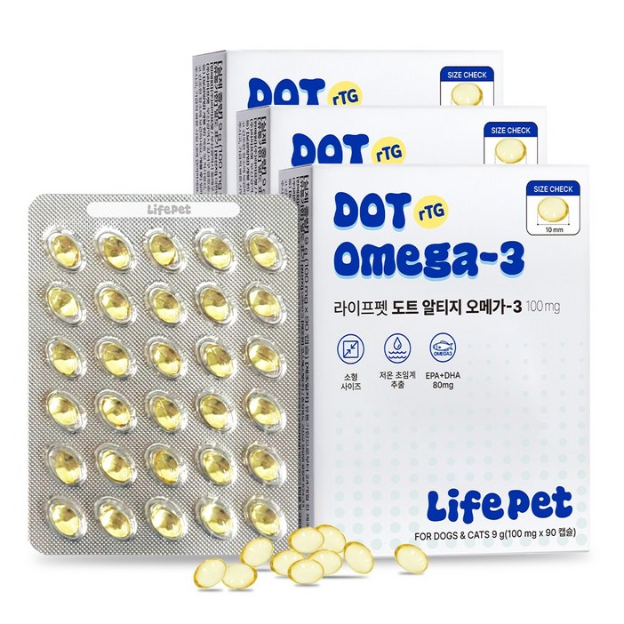 라이프펫 강아지 고양이 도트 알티지 오메가3 100mg 영양제 순도80% 초임계 90캡슐, 3개, 오메가3, 90회분