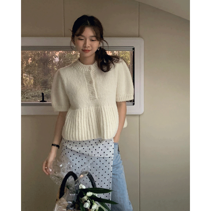 퍼퓸 여성 가을 라운드넥 퍼프 소매 벌룬 반팔 레이어드 하객룩 니트 티셔츠