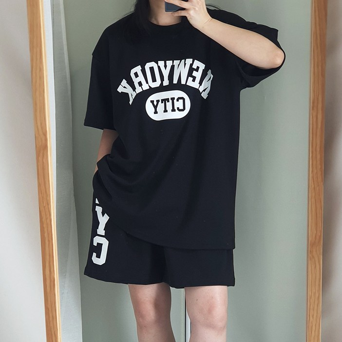 남녀공용 여름 반팔 반바지 뉴욕시티 트레이닝 세트 츄리닝 셋업