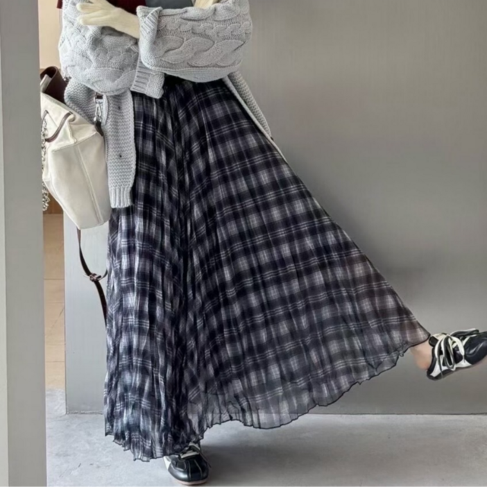 와이와이(YY) 쉬폰 플레어 체크 스커트