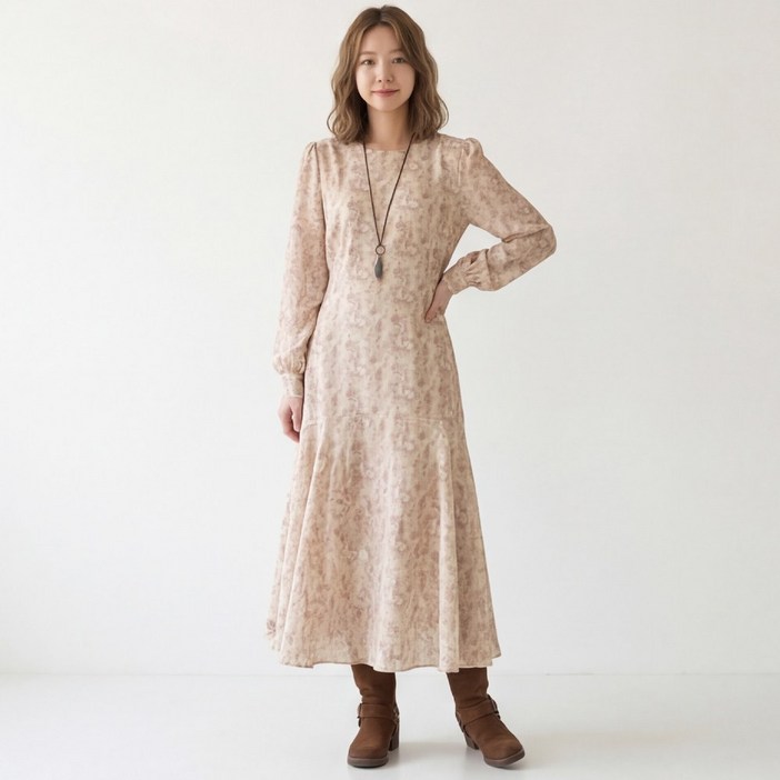 여성 빅사이즈 플라워 쉬폰 롱원피스 라운드넥 긴소매 캐주얼 봄가을