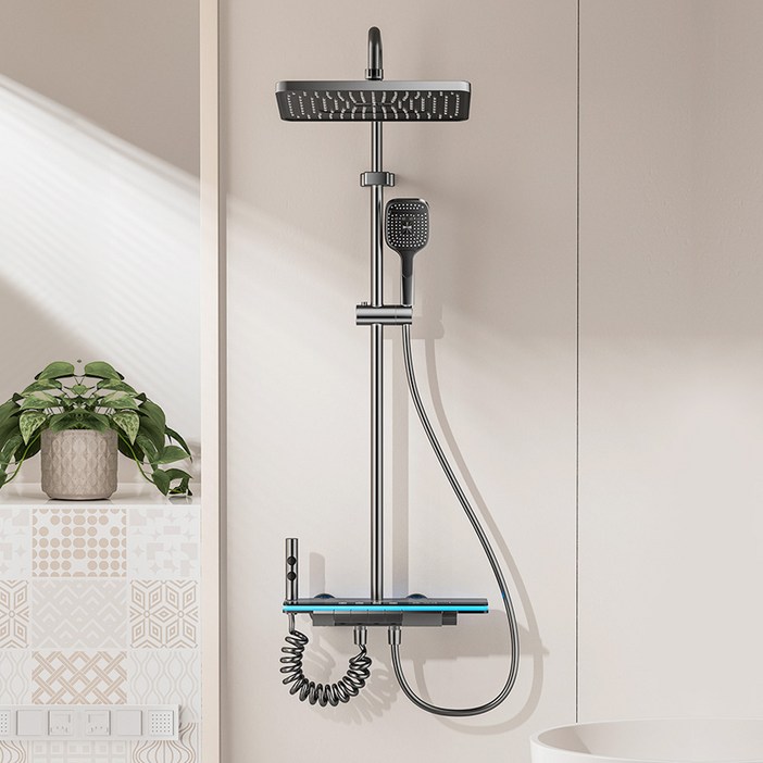 진보 LED 온도 표시 원터치 4단 조절 고급형 욕실 해바라기 샤워기 세트, 다크 그레이, 1개, 1개