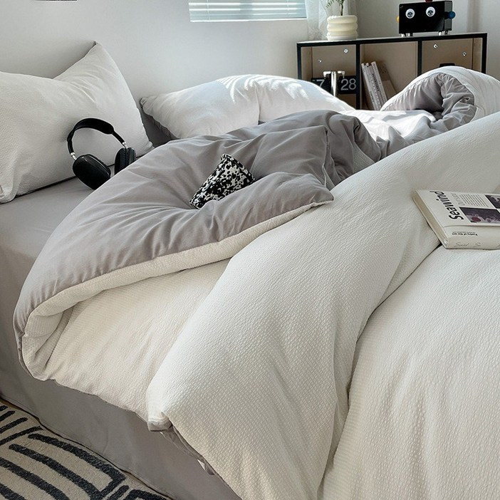 BIKASU 북유럽 사계절 침구세트 이중사 통기 베개커버침대커버이불커버 간략하다 시어서커 항균 워싱 세트