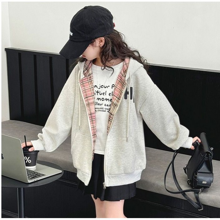 주니어 고학년 중학생 체크 후드 집업 초등학생