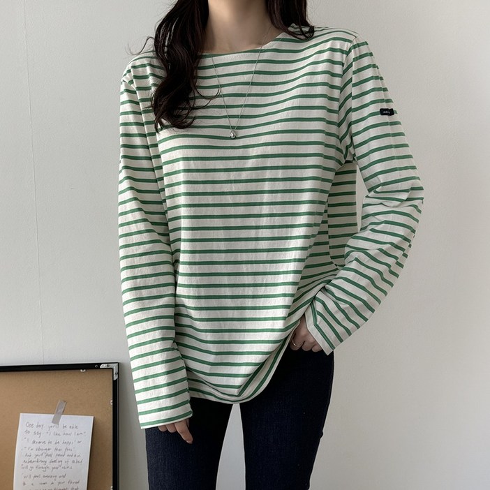 데일리앤 프렌치 탄탄한 기본 스트라이프 단가라 면 패치 티셔츠 봄가을 이너 데일리 긴팔 티