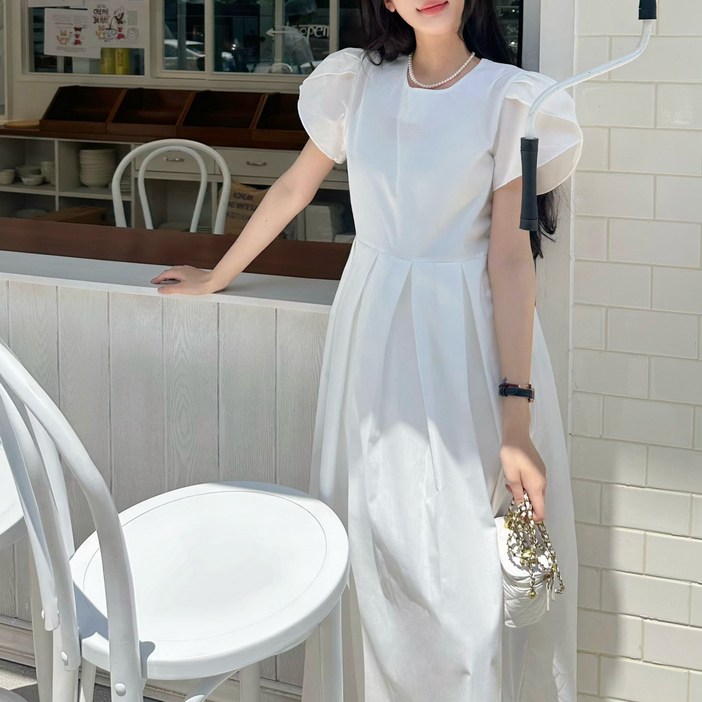 LS 여성용 코튼 퍼프소매 롱원피스