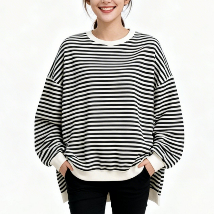 벨에라 여성 빅사이즈 사계절 루즈핏 긴팔 스트라이프 티셔츠