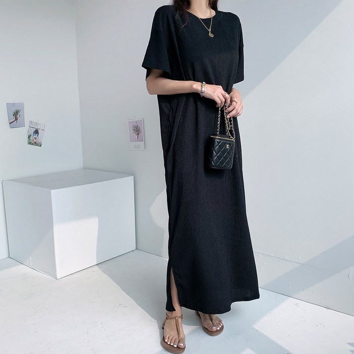 나잇벨라 반팔 루즈핏 캐주얼 주름 메리 플리츠 롱원피스