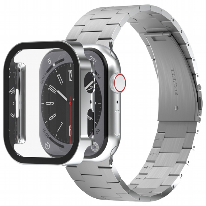 아이메이드잇 애플워치 호환 로이스 메탈 스트랩 + 풀커버 보호 일체형 케이스, 실버