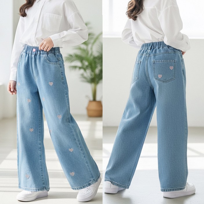 달콩슈 주니어용 세미 와이드 청바지 자수 하트 밴딩 데님 여아 중등 고등 DKW201