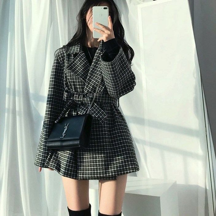 레티고 체크 모직 하프 자켓 코트