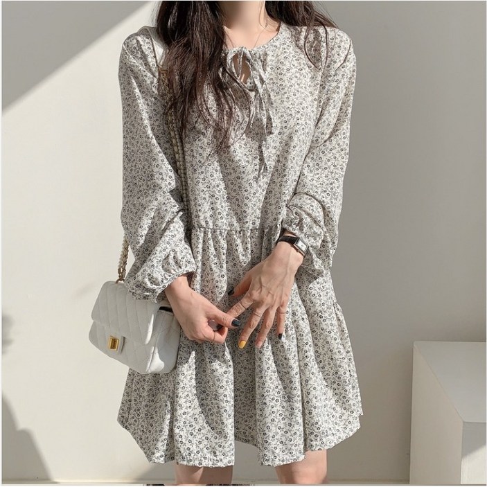 체인지쉬(change she)여성 분위기 고급스러운  플라워 긴팔 쉬폰 미디 원피스