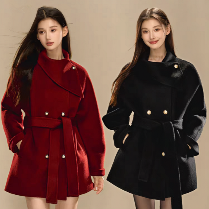 ZAJA  가을 겨울 여성 반코트 벨트 디자인 겨울 코트 캐주얼 모직하프 코트