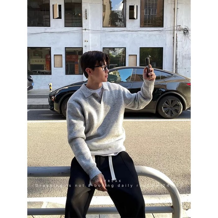 ANYOU 남성 카라 니트 오버핏 캐주얼 스웨터 맨투맨 두꺼운 긴팔 티셔츠