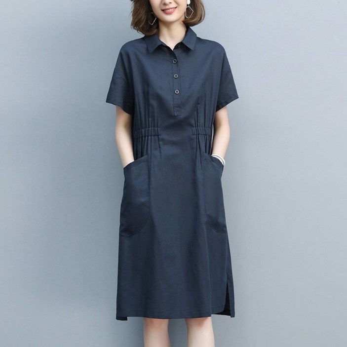 UNIQUEZON 여성 편안한 반팔 미디 원피스 루즈핏 중년 엄마 베이직 투 포켓 셔츠 원피스 여름