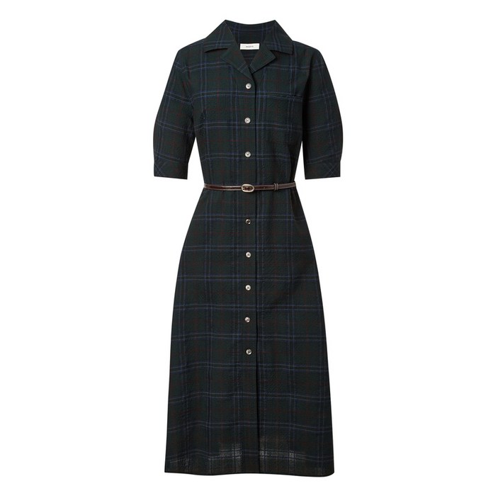 헤지스레이디스 [울] 다크그린 체크 플레어 반소매 원피스 HSDR4C701E3