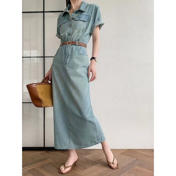 데님 셔츠 롤업 반팔 롱원피스, 데님 루즈 원피스 ,빈티지 워싱, 세미A라인 뒷트임 스커트, 봄 여름 여성원피스 여름원피스 청원피스 심플셔츠롱원피스