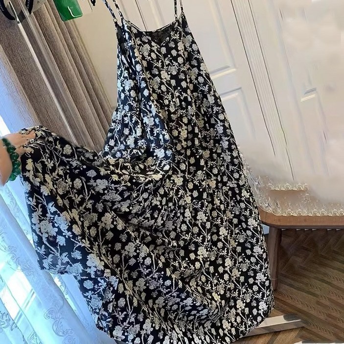 Asure 여자 여름 빈티지 플라워 프린트 빅사이즈 A라인 끈나시 롱 원피스