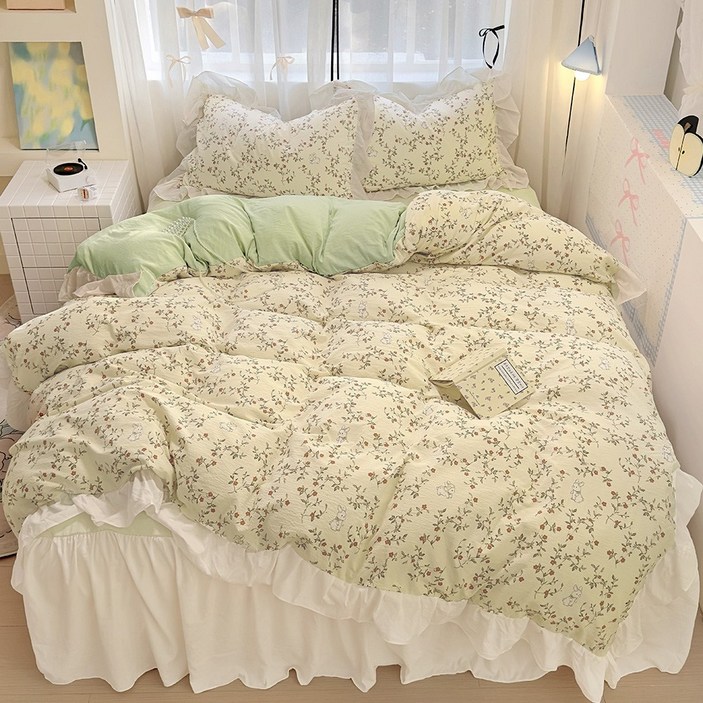 공주풍 사계절 꽃무늬 프릴 이불커버 베개커버 2개 침구 세트
