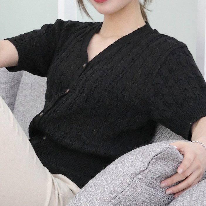 미스티그레이 케이블 꽈배기 반팔 여성 니트 가디건