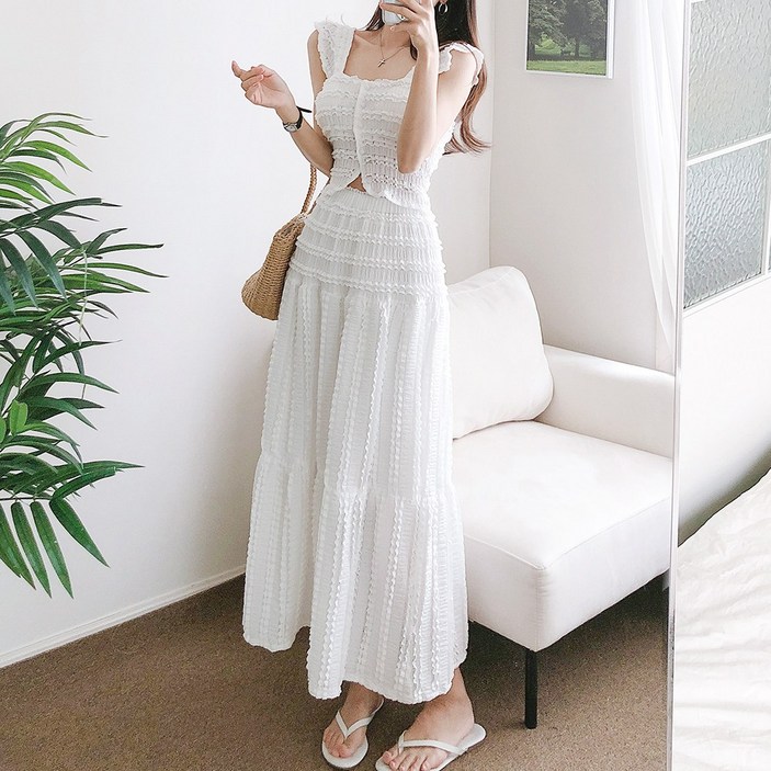 요시아나 [당일발송] 여리여리핏 엘로나 레이스 나시 크롭 블라우스 롱스커트 투피스 2컬러