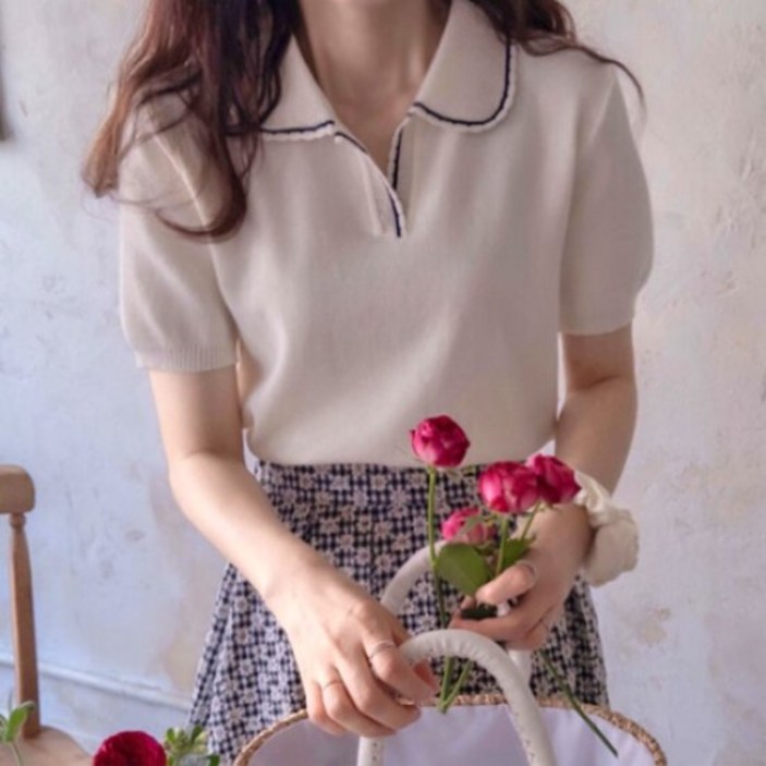 리린LABEL 앤클래스 러블리물결 메쉬카라 단아한 썸머니트 2color2016101