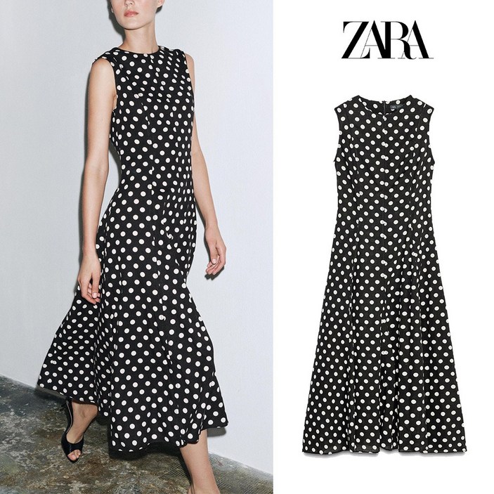 자라 여성 원피스 민소매 폴카 도트 미디 ZW컬렉션 리넨혼방 A라인 드레스