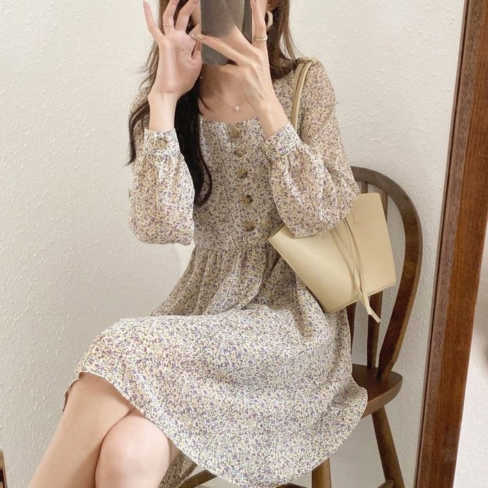 COSYEVNO  여성 춘추 나염 플라워 롱 원피스 스퀘어넥 버튼 퍼프소매 LFHshq1