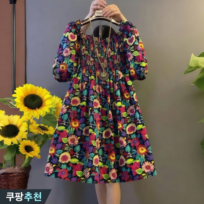 대박난 105kg까지 빅사이즈 여성 플라워 어깨 퍼프 허리꼬임 큐티 공주풍 반팔 원피스 여름 편한 입체 플리츠 포인트 프릴 플레어 프린트 벨티드 이쁜 휴양지 여행 큰옷 원피스