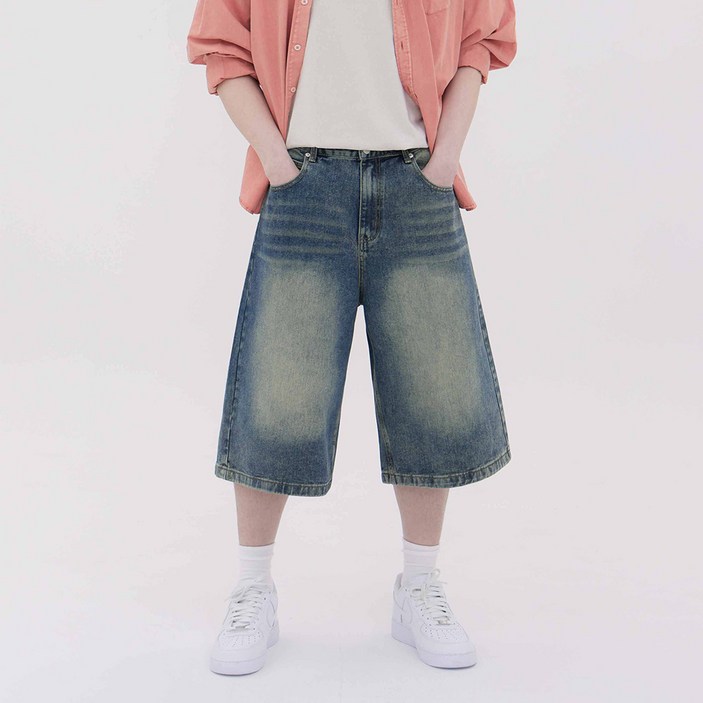 클로니아 남여공용 루즈 와이드 버뮤다 7부 청반바지 (옐로우블루) EU7M29