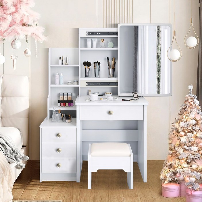 확장형 수납 서랍 입식 화장대 100cm, 화이트, 흰색