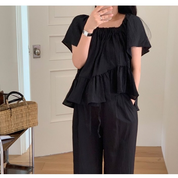 서진맘 여성 프릴 스퀘어넥 언밸런스 퍼프소매 반팔 블라우스