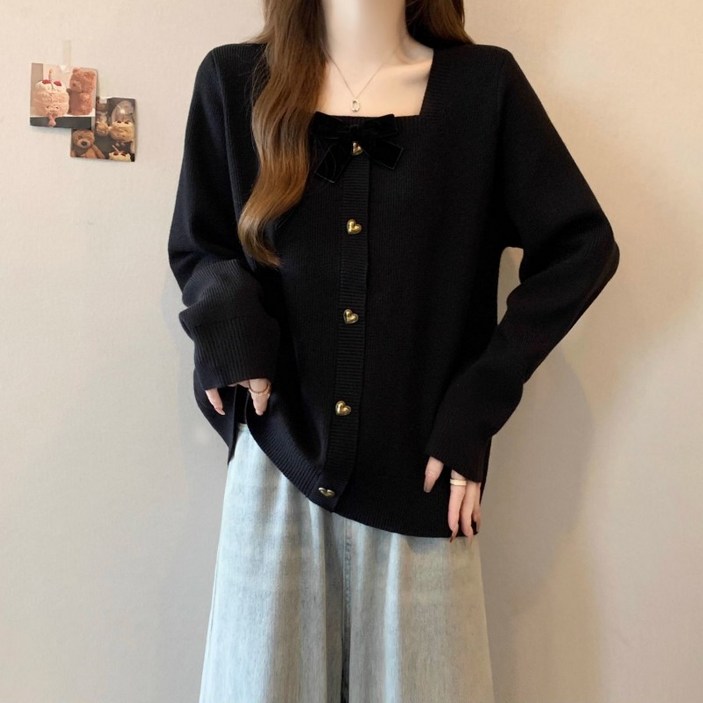 여성 봄 가을 빅사이즈 슬림핏 크롭 티셔츠 독특한 나비 리본 장식  베이직한 니트 티셔츠로 체형 커버 긴소매