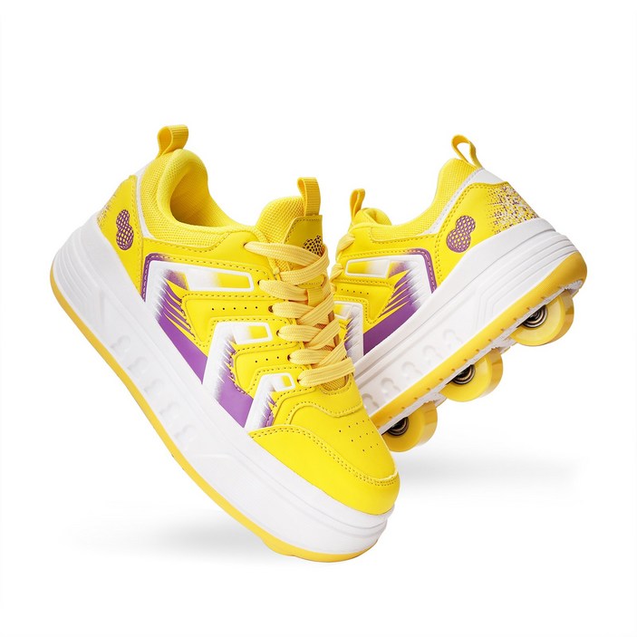 바퀴 달린 신발 간편한 롤러슈즈 4륜 롤러 스케이트화 스케이트 롤러 남녀 롤러스케이트 바퀴신발, 노란색, 1개