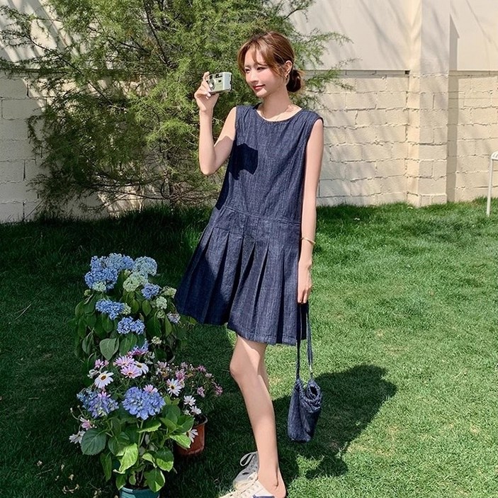 크레스티 여성 일상 나시 데님 플리츠 스커트 캐주얼 민소매 미니 데님 여름 원피스