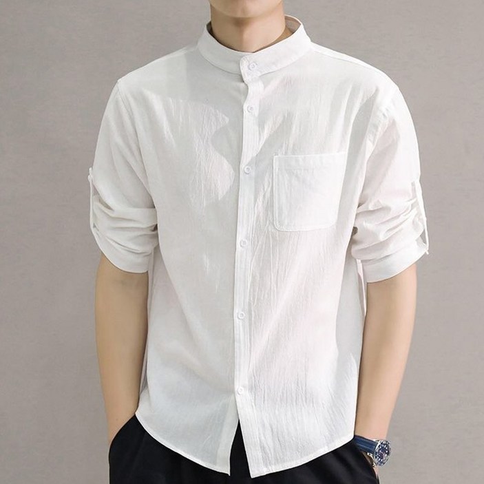 POMTOR 남성 여름 면 린넨 포켓 롤업 셔츠 남방 하이넥 슬림 루즈핏  셔츠