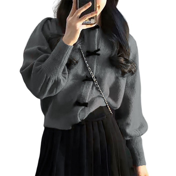 여성가디건 루즈핏 라운드넥 니트 가디건 리본 포인트 시보리 가디건 H45169