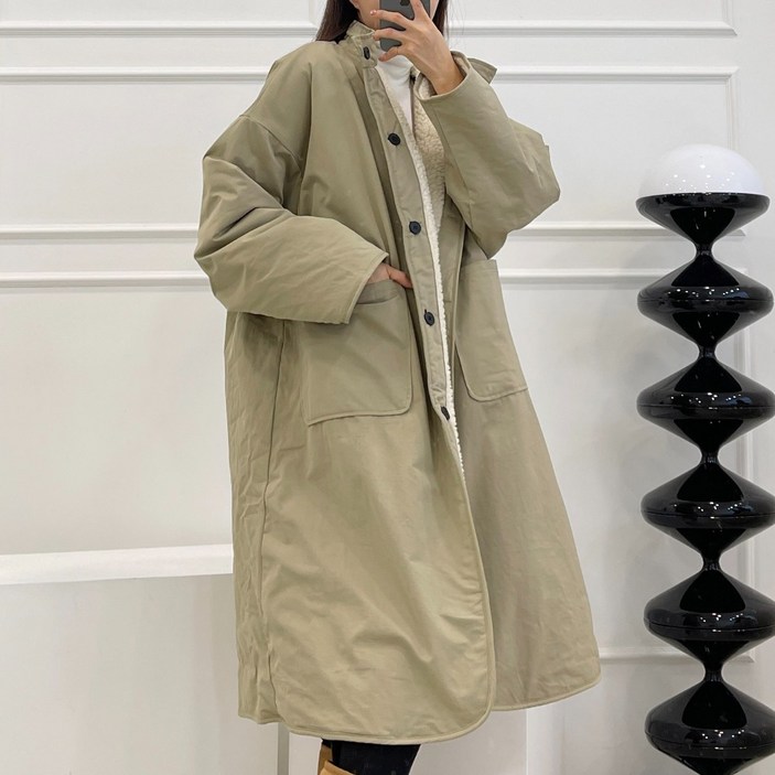 [데일리무드]리버시블 덤블 롱야상 빅사이즈 양털 덤블안감 롱자켓 양면 투웨이 뽀글이 사파리 아우터 배색 개파카 박시 루즈핏 오버핏 겨울자켓 겨울점퍼 후리스 코트 캠핑 등하원룩