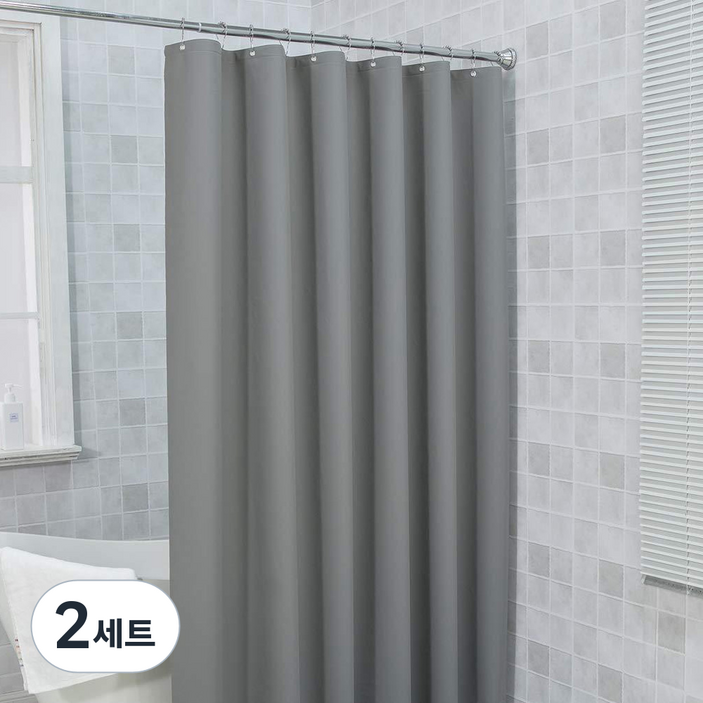 3S리빙 방수 샤워커튼 무지그레이  크롬커튼고리 커튼봉 세트, 2세트, gray