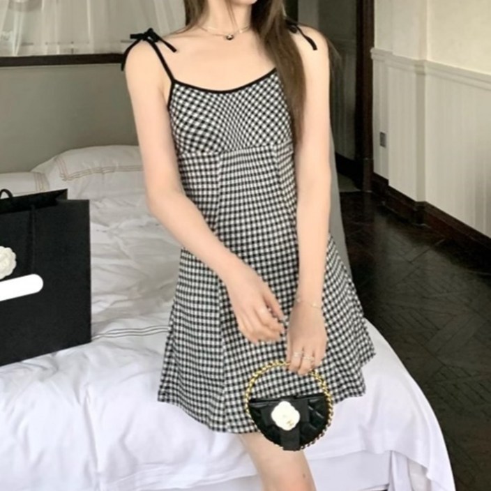 피어니스트 티탄 체크 스트랩 나시 미니원피스