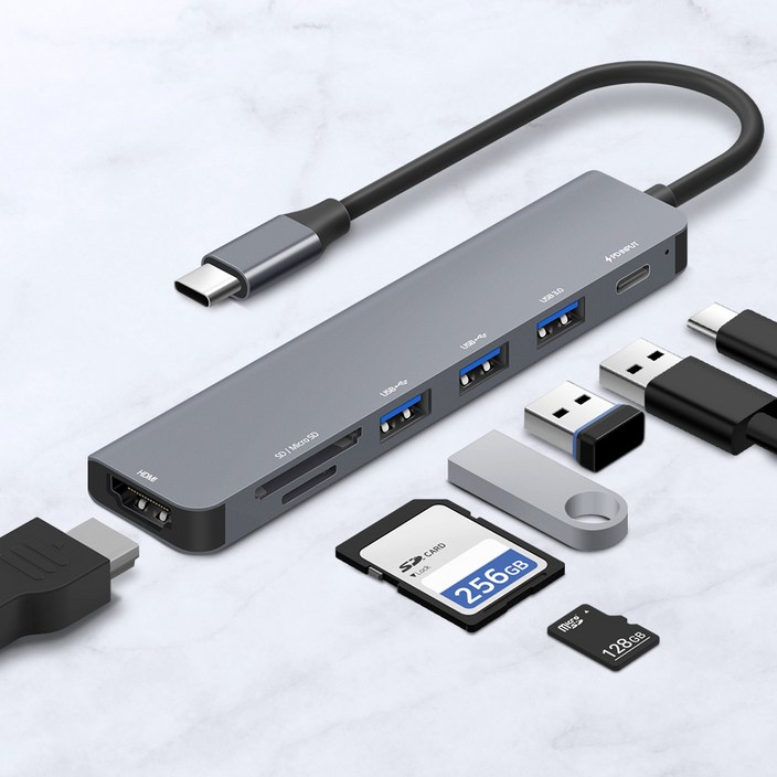 홈플래닛 7포트 USB3.0 멀티허브 DEX미러링 USB3 타입C HDMI SDMSD HUB7CL