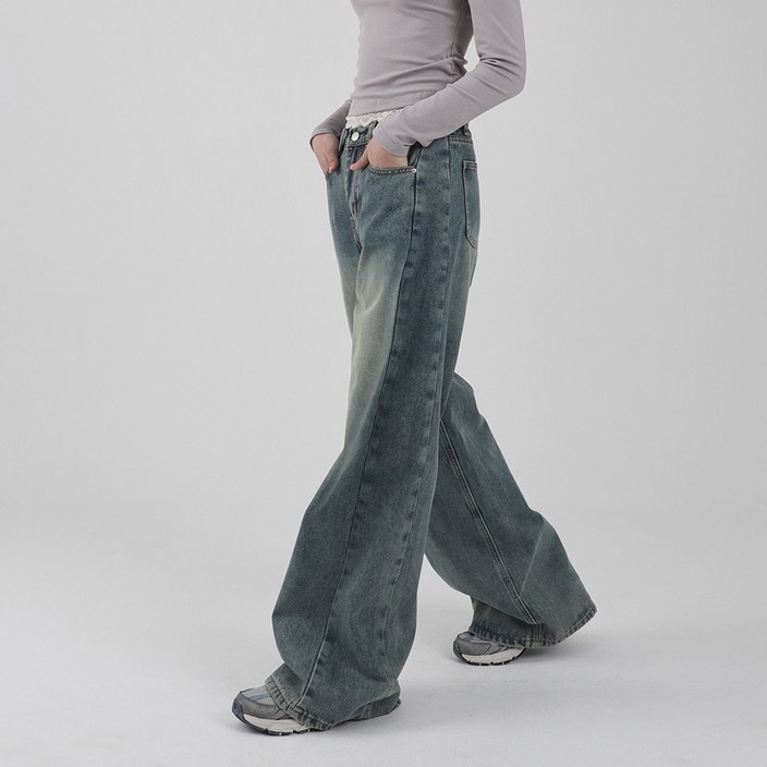 수비진 여성용 롱/숏 기장 워시드 워싱 절개 와이드 청바지