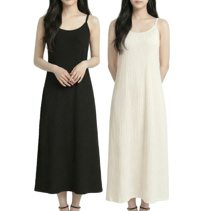 더간다 1+1 플리츠원피스 끈나시 롱원피스 여성 루즈핏 휴양지 2세트