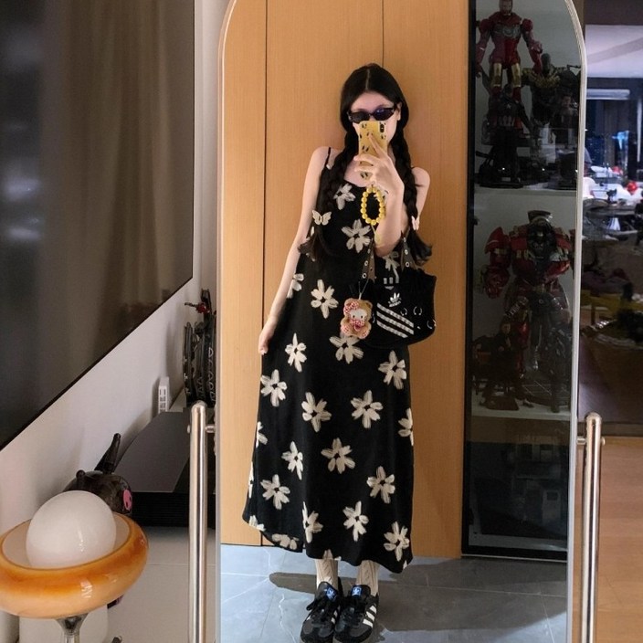 ZAJA 여성 나시 원피스 스트랩 고급 캐주얼 여름 바캉스 블랙 플라워 원피스
