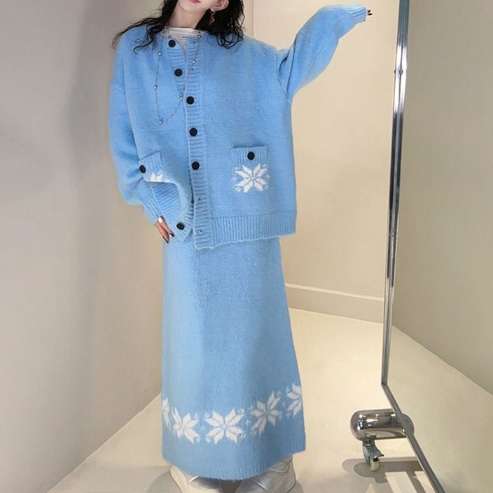 ORZQU 가을 겨울 여성 세트 싱글 눈꽃 니트 코트 가디건 일자 스커트 스웨터 투피스