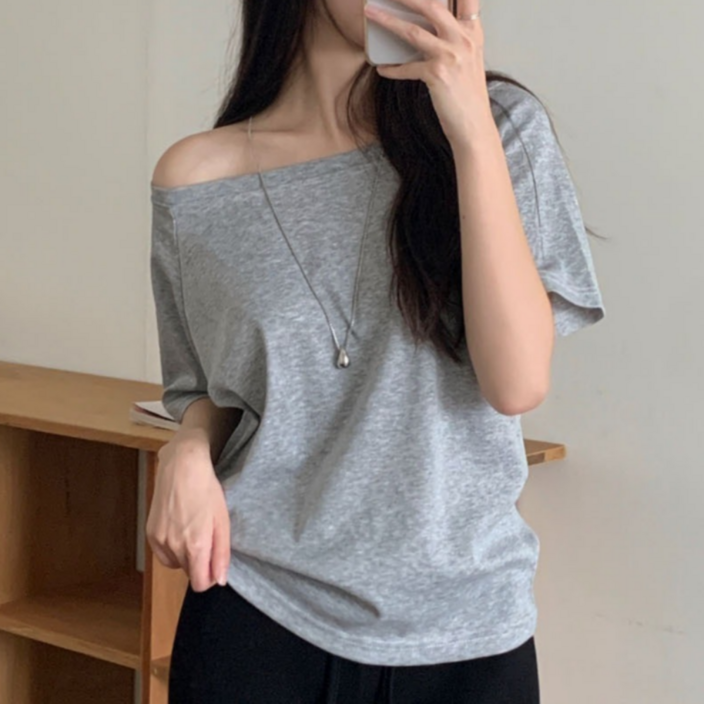 샤콘 데브 여성용 원숄더 루즈핏 오프숄더 보트넥 반팔 베이직 어깨트임 여름 티셔츠